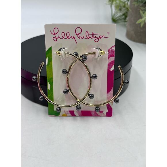 Lilly Pulitzer Large Gold Tone Bamboo like Gemma Onyx Pearl Hoop Earring New - Picture 4 of 9